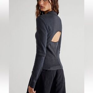 Free People Distant Sun Tee Long Sleeve Thermal Mock Neck Open Back Black